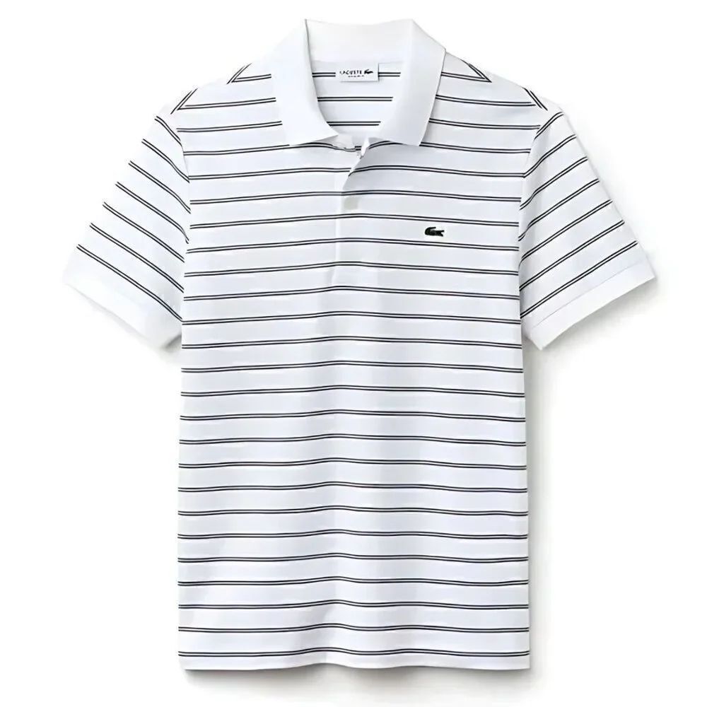 NWOT Lacoste Regular Fit Black Striped Summer Short Sleeve White Polo Shirt